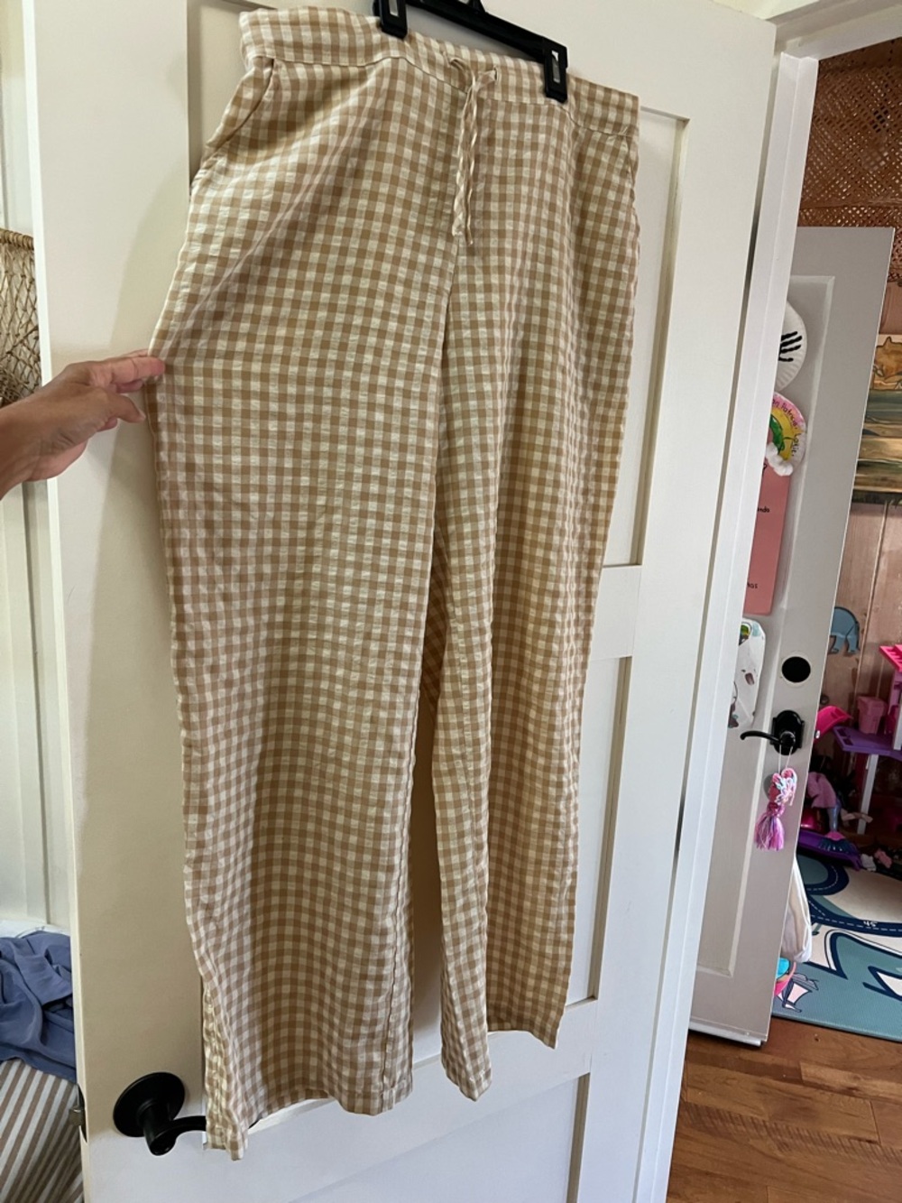 Beige Gingham Straight-Leg Women's Pants